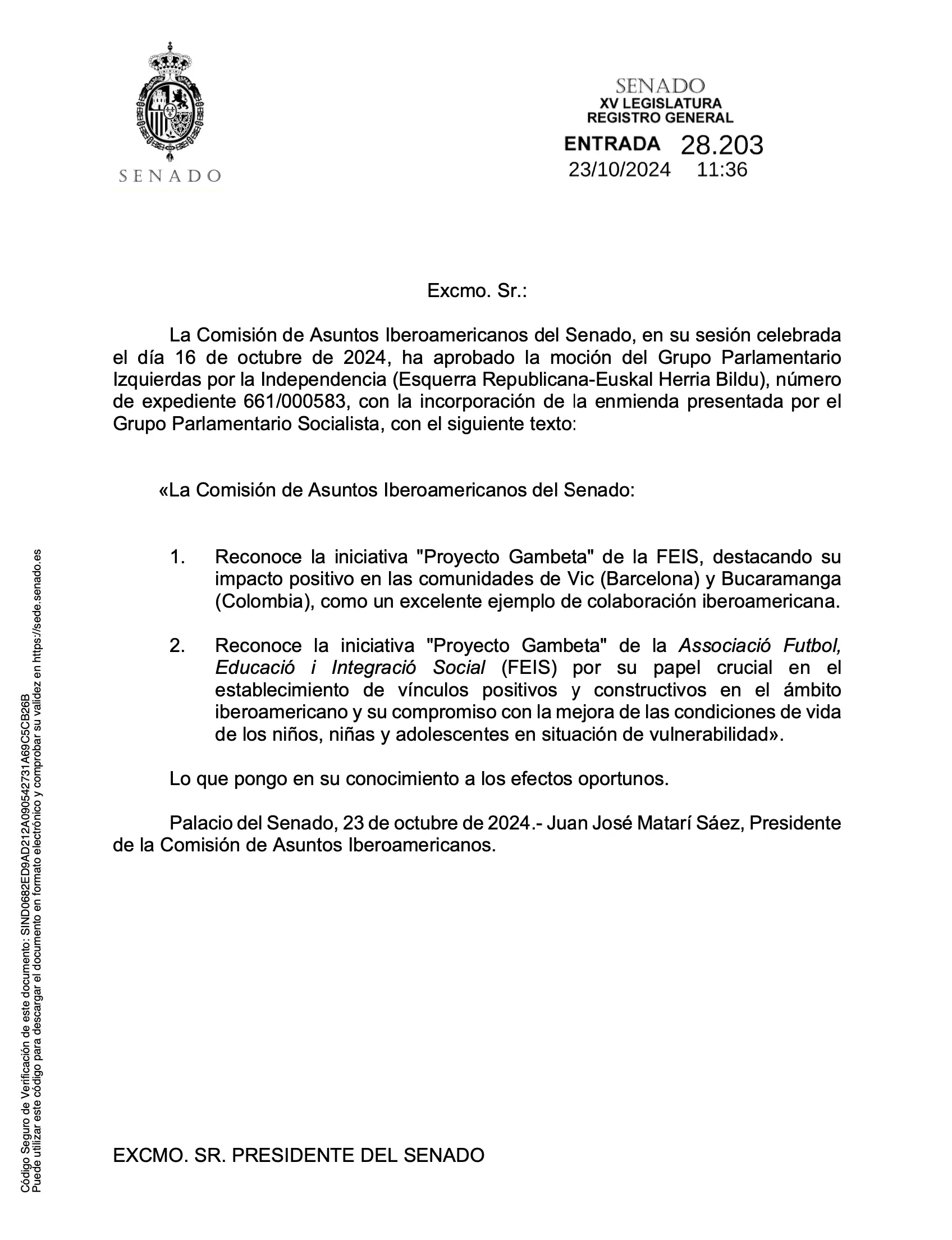 El Senat espanyol reconeix Gambeta com a exemple de col·laboració iberoamericana